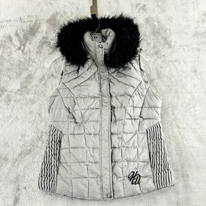Harley Davidson Puffer Vest S Metallic Gray Fur‎ Trim Zip Off Hood Embroidery